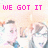 Pixelated image with pink text reading "WE GOT IT FROM OUR MAMA'S" over a blurred background of two figures in a light-colored setting.
