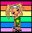 Pixel art character with blonde pigtails, silver headband, green star shirt, black shorts, and pink earphones against rainbow striped background.