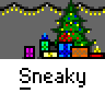 Animated contact sheet showing 18 frames of a pixel art buddy icon featuring a stick figure sneaking past Christmas trees with presents, each frame displaying slight movement changes in the character's position and pose.