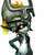 Pixelated character with dark green body, golden crown, and yellow accents on head and chest, standing in profile against white background.