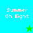 Pixelated text "Summer Oh Eight" on cyan and green backgrounds with two star icons, one green above a blue star.