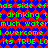 Pixelated text repeats across a red and blue diamond-patterned background with green lettering.
