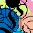 Pixelated static icon with abstract geometric shapes in blue, black, yellow, pink, and peach colors forming a stylized figure or landscape.