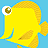 Pixelated yellow fish with large white eye and brown pupil, blue fins, and brown tail fin against light blue background.