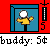 Pixelated icon shows a figure in yellow shirt with raised arms inside blue frame, red background, and 'buddy: 5¢' text below.