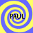 Four identical spiral patterns in blue and yellow with the text PAUL overlaid on each spiral, arranged in a on a solid yellow background