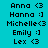 Pixelated text list of names with emoticons on cyan, purple, pink, and blue backgrounds in a