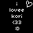 Pixel art displays 'i lovee kori <33 :D' text with a heart symbol above 'i' on black background, showing animation change in heart symbol.