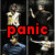 Animated sequence of a figure in a white shirt and blue pants performing repeated arm movements against a black background with red text reading 'panic at the disco'.