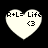 Four heart-shaped icons with 'R+L= Life' text and '<3' symbol, varying in size and pixelation on black background.