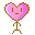 Pixel art contact sheet of a pink heart-shaped character with brown stick-figure limbs performing different poses across five frames on gray background.