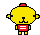 Yellow pixelated character with red top, black eyes, and mustache-like mouth in red shirt with white horizontal lines on gray background.