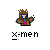 Pixel art character with brown crown, blue mask, and brown coat holding white soccer ball against gray background.