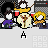 Pixel art animation of three characters in a , with visible changes in character poses and background elements across frames