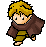 Pixel art character with blonde hair and brown cloak in two poses against gray background.