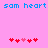Pixelated blue text 'sam heart' repeats on pink background with two of red and pink heart icons below