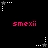 Pixelated animation of white and gray star-shaped icons with dotted trails on black background, repeating 'smexii' text in red.