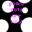 Pixelated text 'polka dots are kool' in purple on black background with white circular shapes, animated as static image.