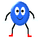 Six blue oval-shaped characters with white eyes, black pupils, and red feet stand in a on gray background; each has distinct arm poses