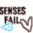 Pixelated text reads 'SENSES FAIL' with a blue pixel-art hand icon and brown outline of a heart on white background.