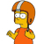 Pixelated character with orange hair and helmet, wearing an orange shirt, yellow hands raised in a gesture.