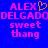 Blue background with pink pixelated text reading ALEX DELEGADO sweet thang and an orange pixelated heart symbol above ALEX on the left side.