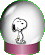 Six snow globe-shaped icons with pink bases show Snoopy and Woodstock in various poses inside clear domes.