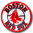 A circular red-bordered icon with 'BOSTON' text at top and 'RED SOX' at bottom, featuring a central baseball player silhouette on white background; adjacent red displays pixelated text reading 'KISS ME I'M A SOX FAN'