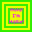 Four square display the text "Hola! I'm Hallie!" in purple pixelated font on a yellow background, each bordered by green and yellow concentric squares