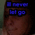 Pixelated image with blue text reading 'I'll never let go' over a dark background featuring a person's face.