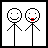 Pixelated stick figures in a sequence showing two characters transitioning from separate smiling faces to kissing and then emitting text.