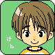 Pixelated cartoon character with brown hair and orange-and-white shirt against green background, showing open and closed eye expressions.