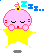 Pixelated pink character with closed eyes and red cheeks sits on yellow star, emitting blue Zzz text above head.
