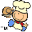 Pixelated character in chef attire holding a hamburger, wearing blue shoulder pads and red bow tie against gray background.