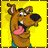 A 48x48 pixel animated contact sheet showing two frames of a cartoon dog character with brown fur, pink tongue, and blue collar against a yellow background.
