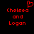 Red pixelated text on black background reads "Chelsea and Logan" with a red heart symbol above the left side of the text.