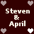 Pixelated text 'Steven & April' repeated four times on a dark red background with white and gray heart symbols.