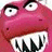 Pixelated pink dinosaur head with wide eyes and sharp teeth, next to black background with bright pink text reading 'The real BARNEY!'