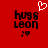 Red background with black text 'hugs leon' and pixelated heart symbols; one heart is white and animated above the text.