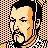 Pixelated 48x48 static icon of a male character with light skin, black hair, and orange sideburns against an orange-and-black checkered background.