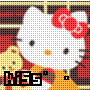Two white cat heads with red bows and yellow clothing appear side-by-side against a -patterned background, each displaying 'MISS' text below