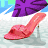 Animated sequence showing multiple shoe styles against a purple and blue patterned background with white cloud-like shapes.