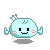A 3x3 contact sheet of a pixel-art animated buddy icon showing seven sequential frames of a light blue, round character with antennae and blush marks performing various poses including floating, waving, pointing, and emitting pink hearts.