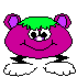 Two pixelated cartoon characters with purple bodies, green hair, and pink ears stand side-by-side against a gray background.