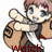 Pixelated anime-style character with brown hair and blue eyes, wearing a tan jacket over dark clothing, holding a white object in front of their chest.