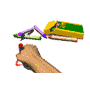 A hand writes 'Email' in red ink beneath a green and yellow object with purple accents, progressing from partial to complete text