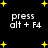 Black background with yellow star shapes and repeated white text reading 'press alt + F4' in four quadrants.