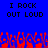Blue background with black pixelated text "I ROCK OUT LOUD" repeated twice, red and blue pixelated shapes resembling flames or abstract forms at the bottom.