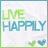 Static pixelated icon with green and blue text reading LIVE HAPPILY above two heart symbols on a white background with light gray gradient.
