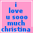 A pink square with blue pixelated text reading "i love u 5000 much christina" and a white border, showing animation changes in the last letter of "christina".
